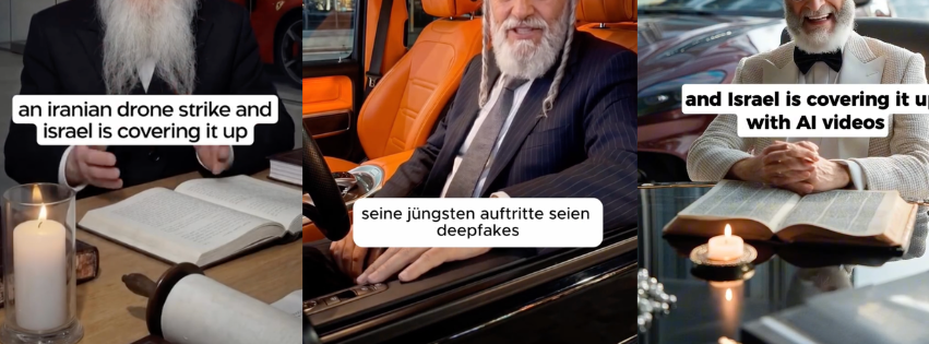 Eine Collage KI-generierter Desinformationsvideos, die suggerieren, Netanjahu sei bei einem iranischen Angriff getötet worden.