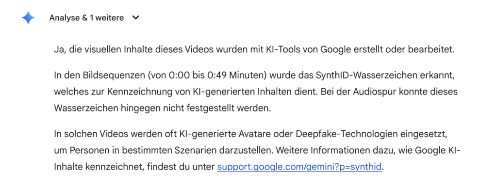 Ergebnis einer Analyse von Google Gemini, die belegt, dass KI-Rabbis auf Instagram durch Google-KI-Tools erstellt wurden.