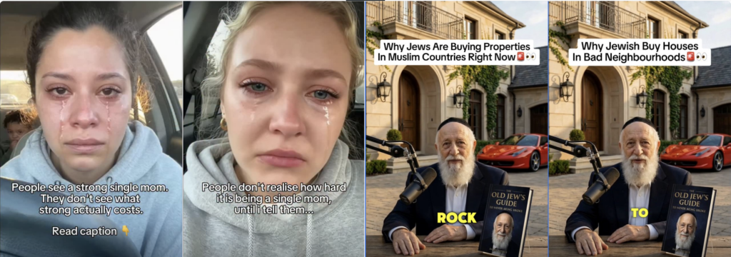 Ein Screenshot von vier aufeinanderfolgenden Videos eines Instagram-Accounts. Auf zwei Videos sind KI-generierte weinende Frauen zu sehen, auf zwei anderen KI-generierte Rabbiner
