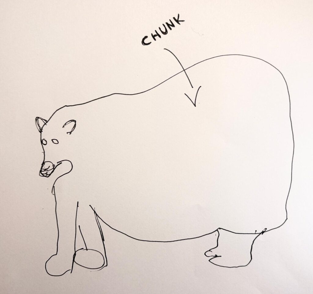 Kugelschreiberzeichnung eines wohlgenährten Bären mit Beschriftung "Chunk"