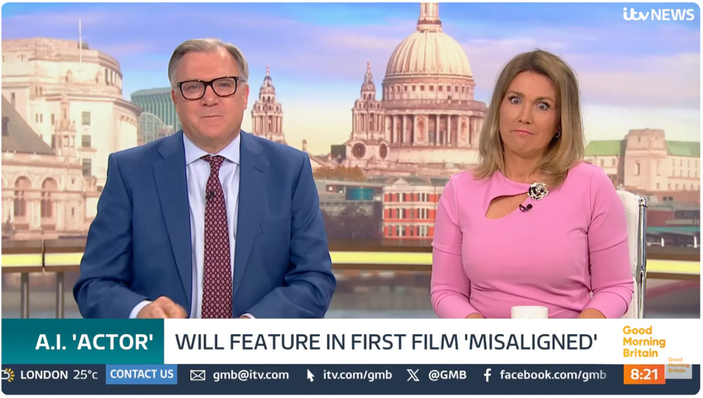 Screenshot aus der Ankündigung eines "Interviews" mit Tilly Norwood aus der Sendung Good Morning Britain. Moderatorin Susanna Reid guckt pikiert, als ihr Kollege ankündigt, Norwoods Film behandle ihr Streben nach mehr "Menschlichkeit".