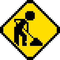 Ein gelb-schwarzes GIF, das ein Bauarbeiter-Strichmännchen beim Schippen zeigt.