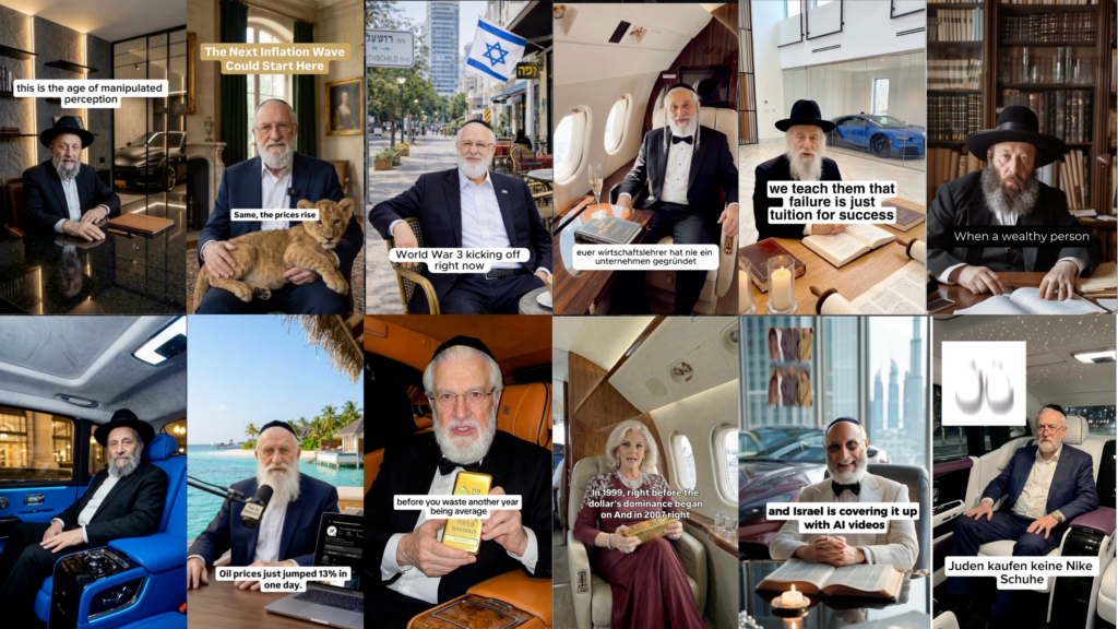 A collage of AI-generated videos uploaded on accounts claiming to belong to rabbis.