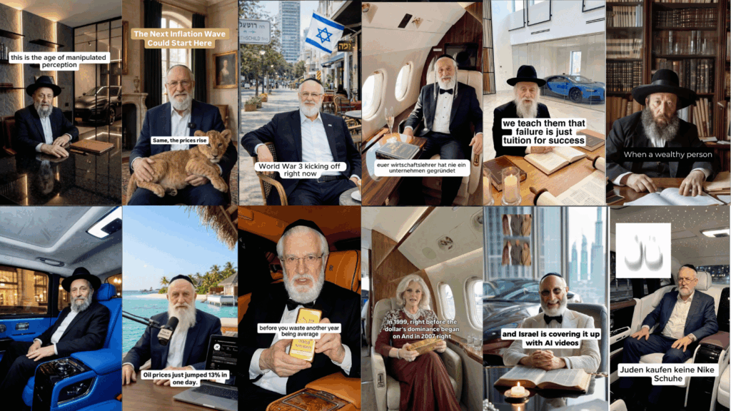 A collage of AI-generated videos uploaded on accounts claiming to belong to rabbis.