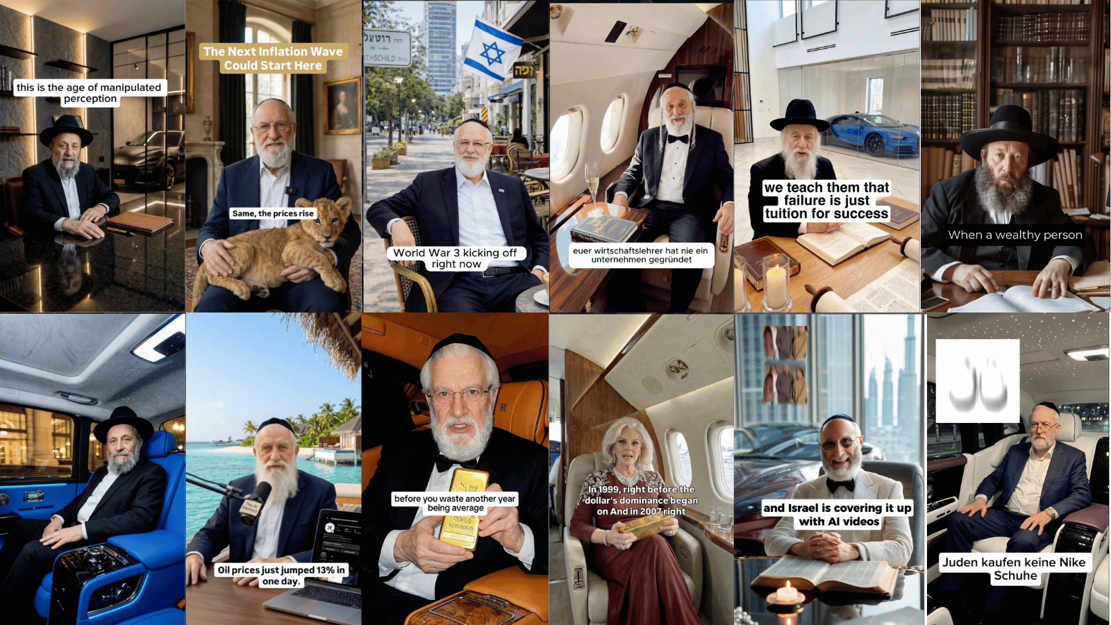 A collage of AI-generated videos uploaded on accounts claiming to belong to rabbis.